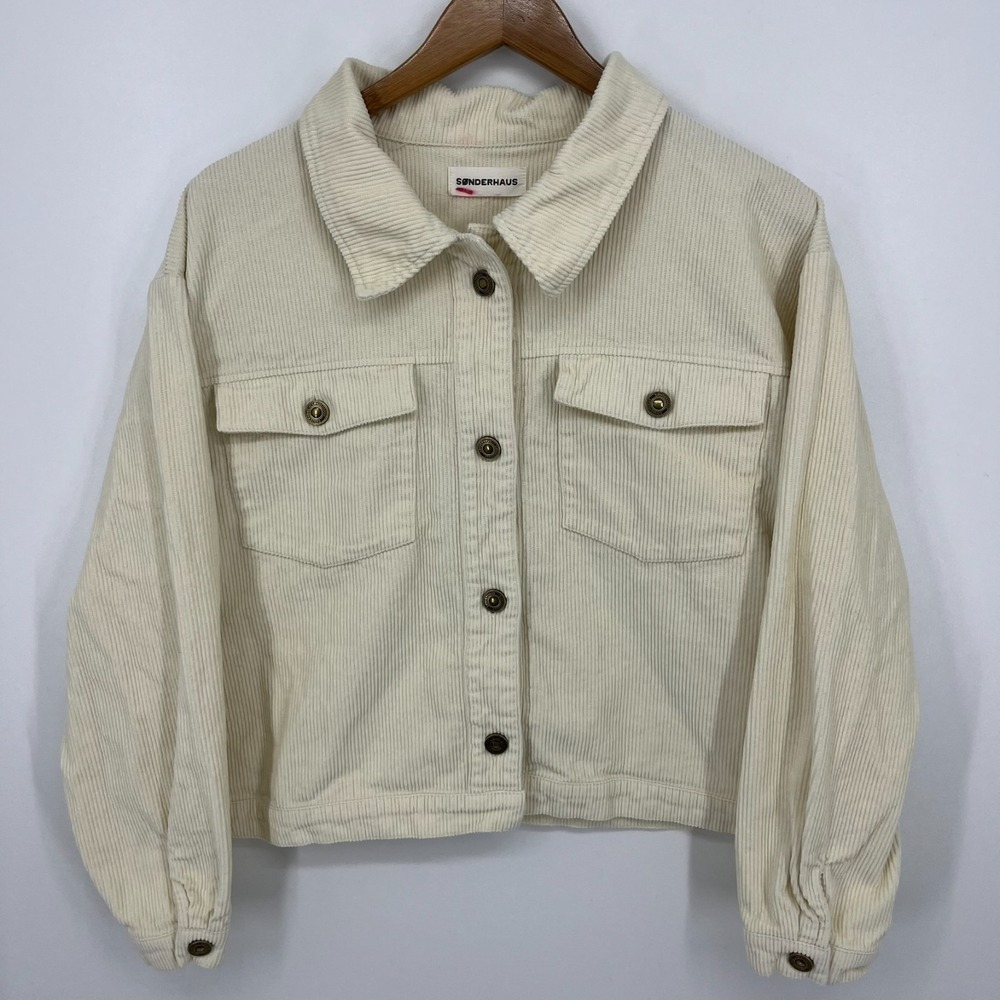 Sonderhaus‎ Corduroy Jacket Women's Size M Beige Oversized Cropped Cotton Button
